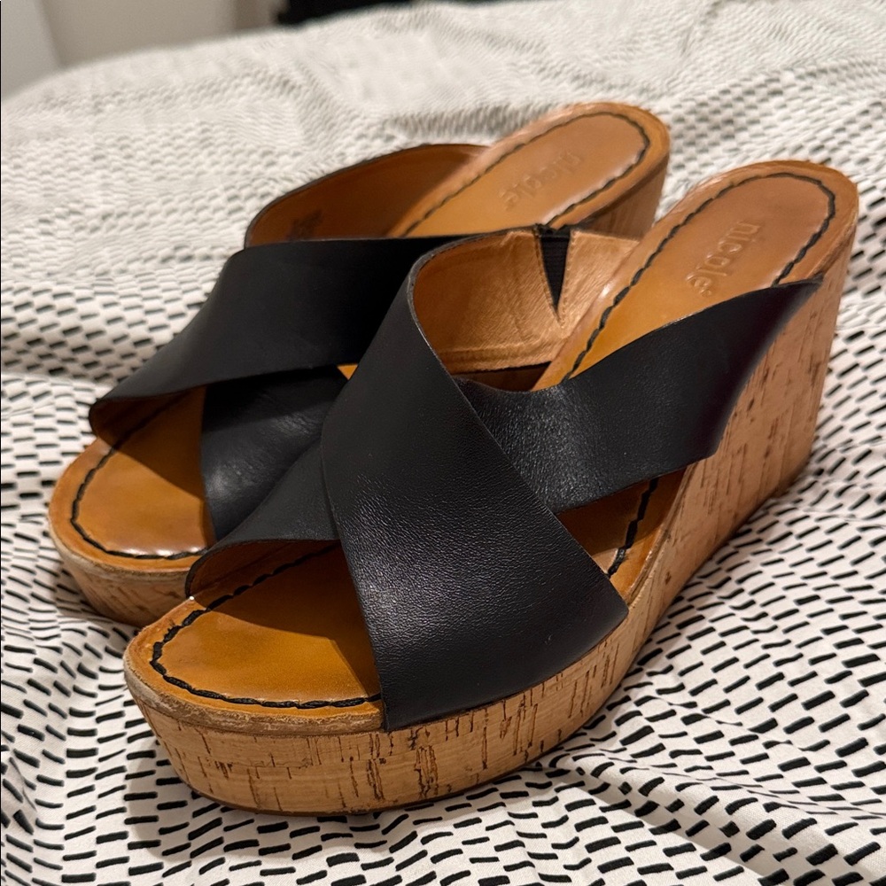 Black Leather Crossband Cork Wedge Slides
